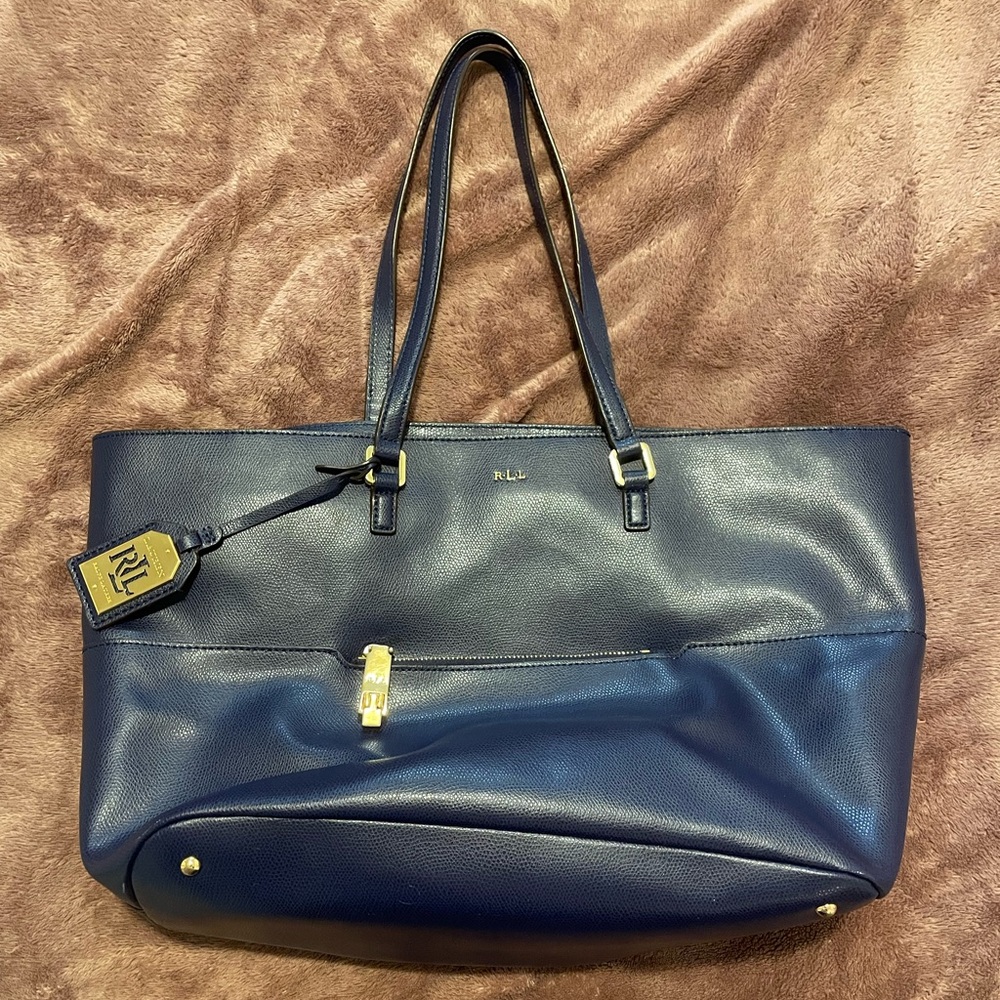Ralph Lauren Navy Blue Leather Tote Bag
